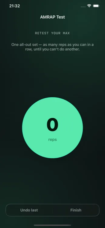 MaxPush AMRAP retest screen counting an all-out set